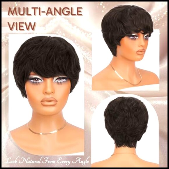 Short Layered Wavy Wig with Bangs Glueless Heat Resistant Human Hair Pixie main image 4